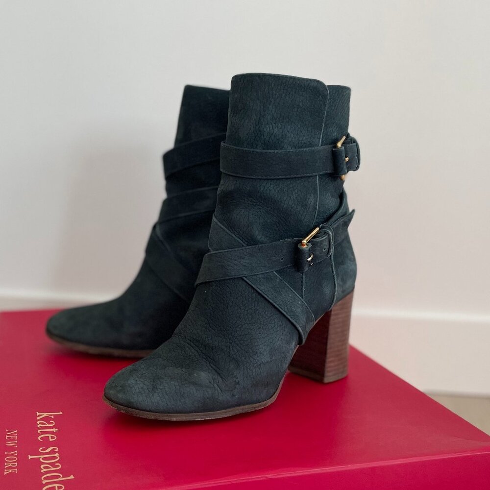 Kate Spade Lexy Suede Stacked Heel Bootie Shoes Size 6 Double Buckle Boots